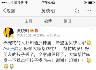 [新闻]160212 湖南卫视知名制片人宠物犬走失 黄晓明呼吁寻找